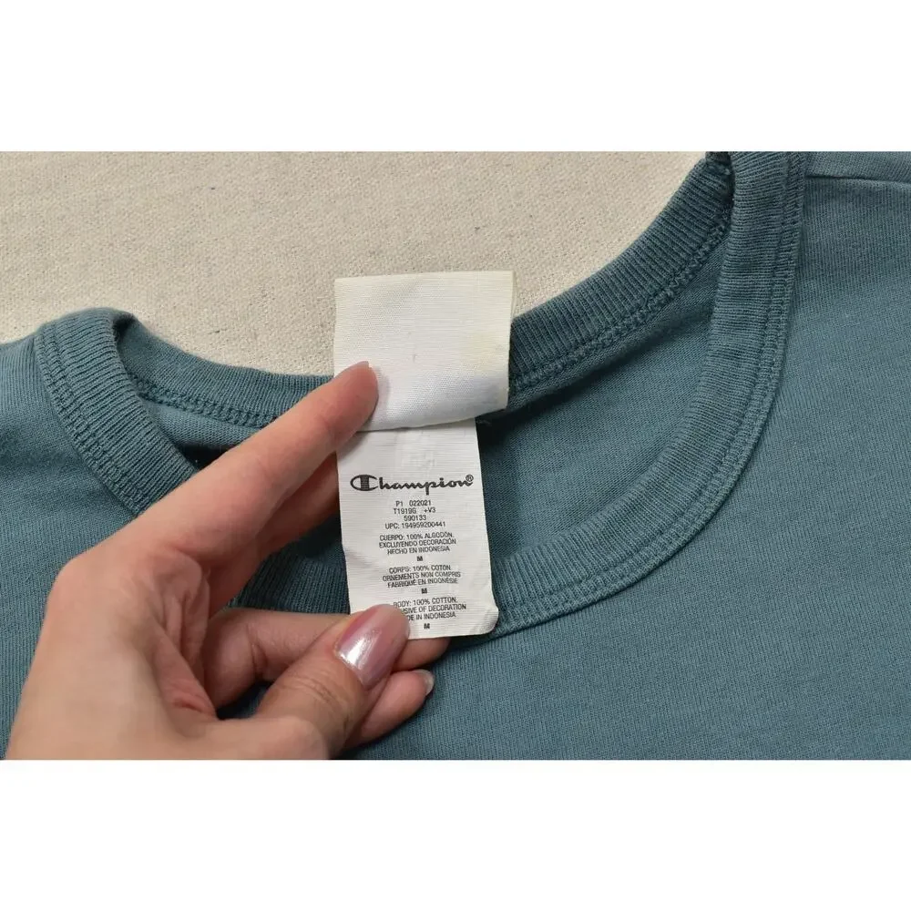 Champion Men's Medium Teal Blue Graphic Script Short Sleeve T-Shirt 100% Cotton - Picture 7 of 8